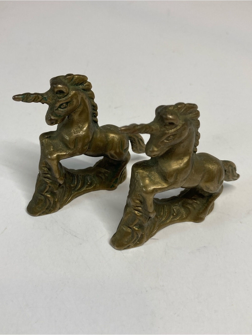 Vintage Solid Brass 2.5” Unicorn Figurine Pair With Decorative Base MCM Mythical
